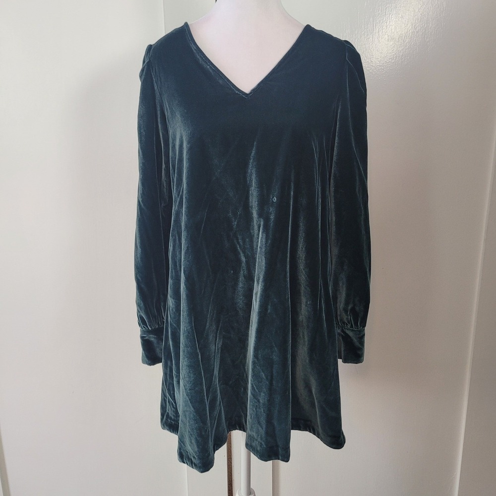 LOFT Size XS Velvet V Neck Puff Sleeve Mini Shift Long Sleeve Dress Teal Green‎